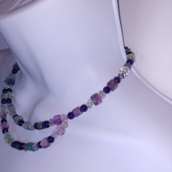 Handmade Beaded Statement Necklace with Fluorite and Amethyst Beads Purple Green - Picture 11 of 12